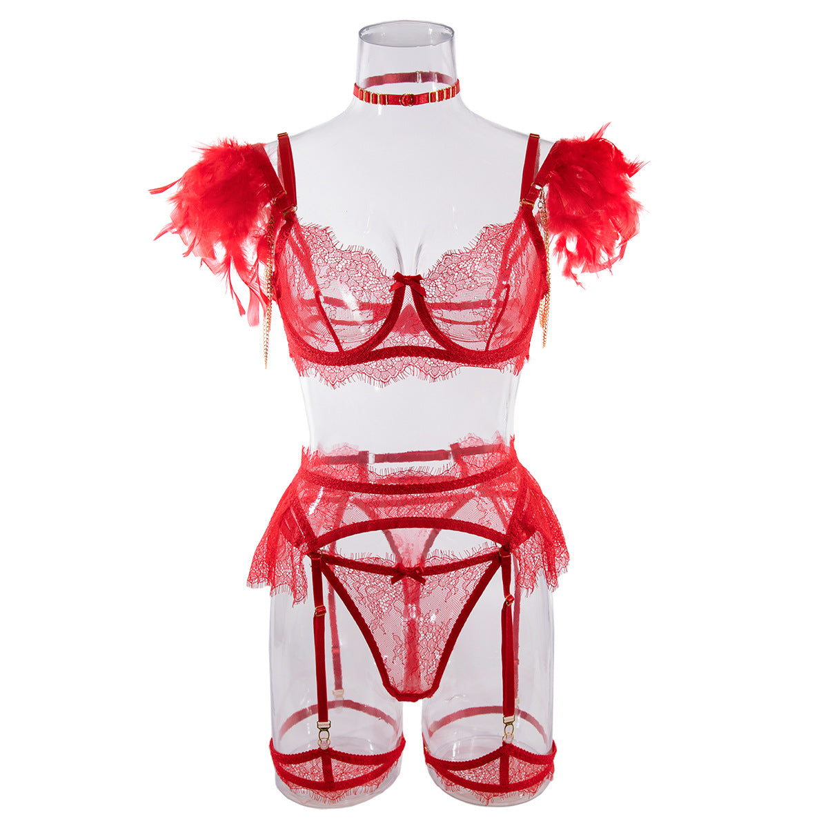 Wholesale Sexy Lace Bra and Panties Set with Feather Details-9
