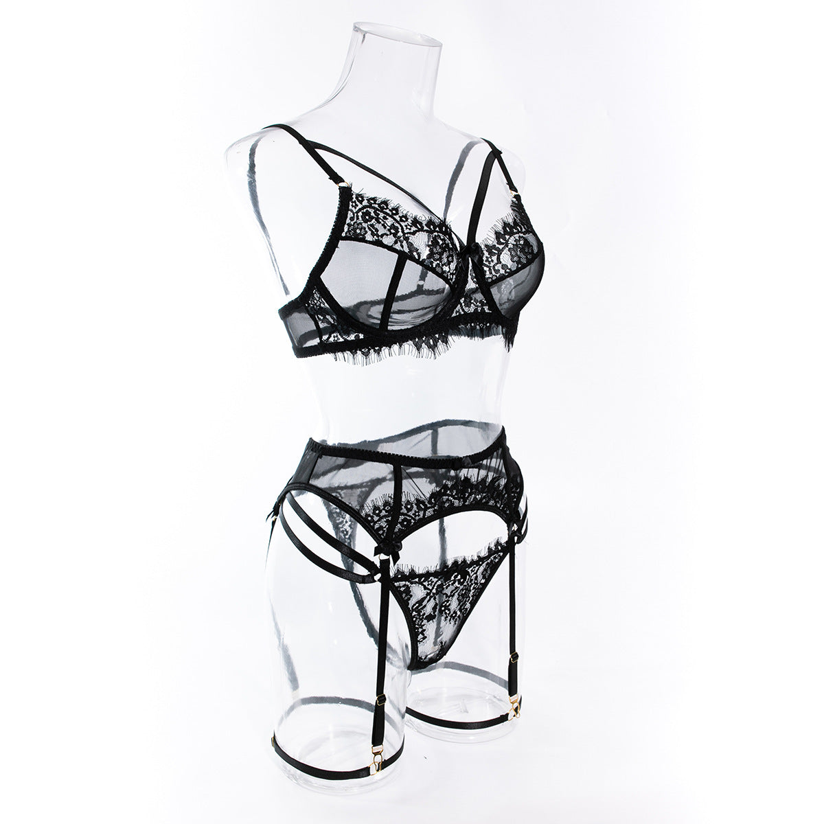 Wholesale Sexy Black Bra Panty Set with Floral Lace Garter-10