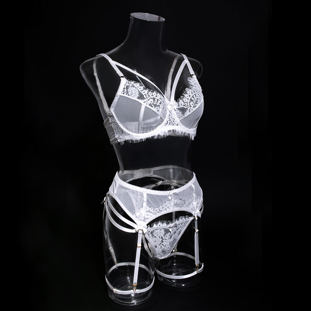 Wholesale Sexy Black Bra Panty Set with Floral Lace Garter-13