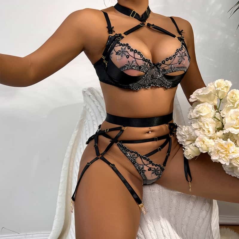 Black Halter Cutout Satin Panel Garter Belt Set Site Show On Model