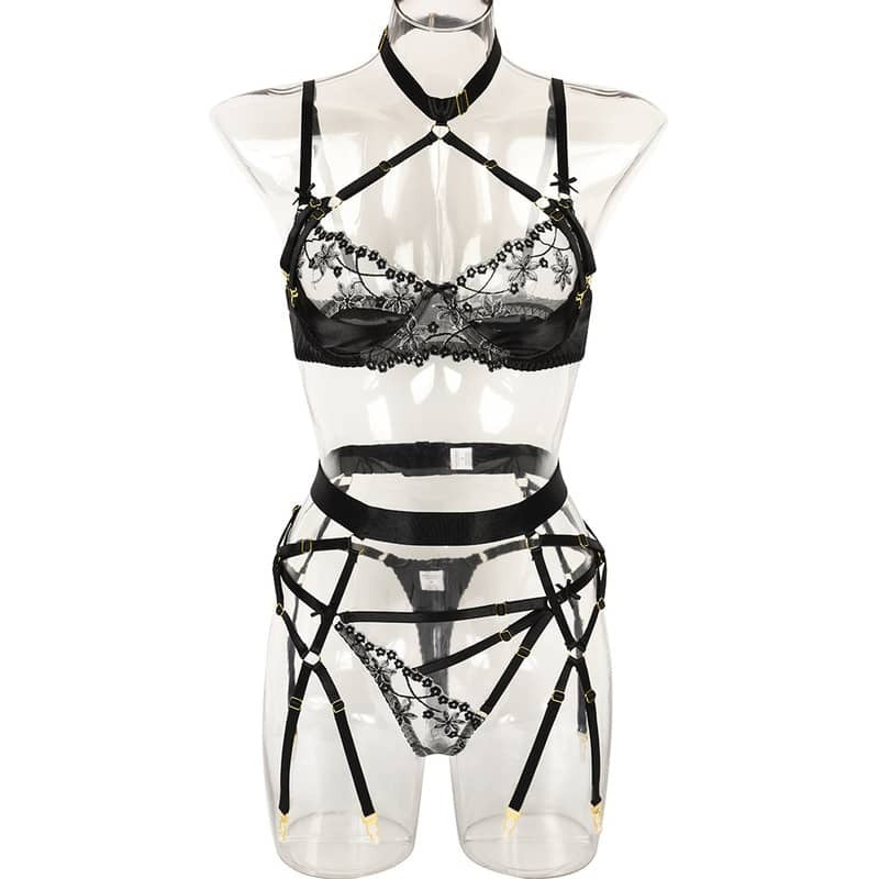 Halter Cutout Satin Panel Garter Belt Set-15