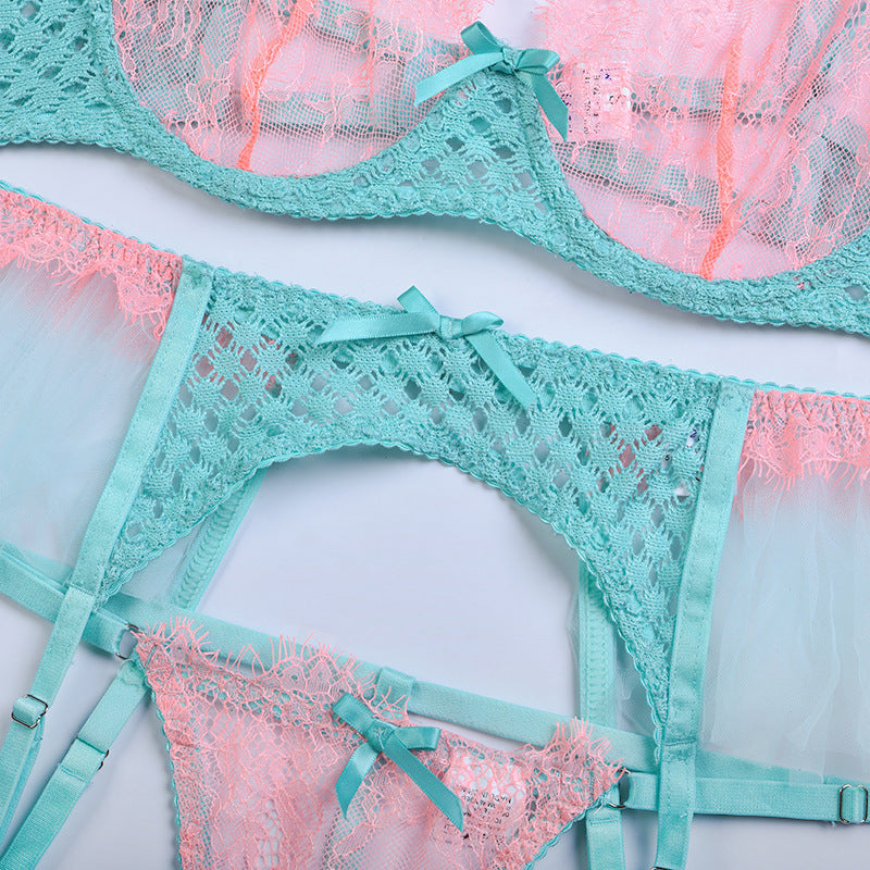 Green Diamond Mesh Bra Set with Feathered Shoulder Straps-9