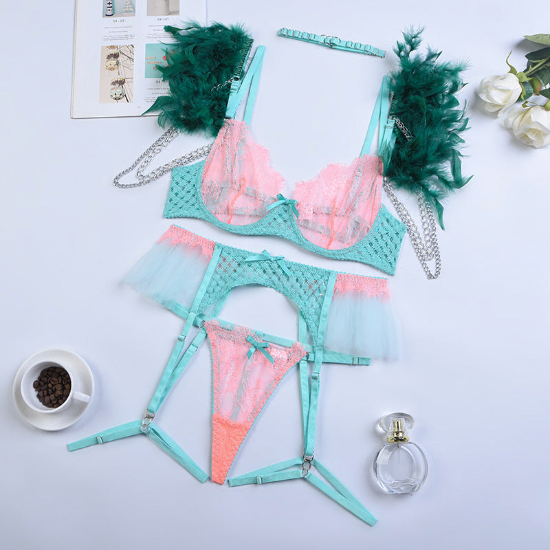 Green Diamond Mesh Bra Set with Feathered Shoulder Straps Over View