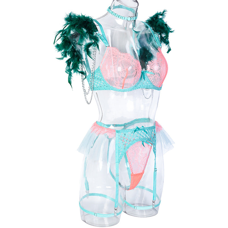 Green Diamond Mesh Bra Set with Feathered Shoulder Straps SIde View