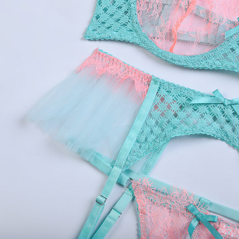 Green Diamond Mesh Bra Set with Feathered Shoulder Straps-8