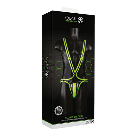 Ouch! Glow in the Dark Bonded Leather Full-Body Harness Neon Green L/XL-0