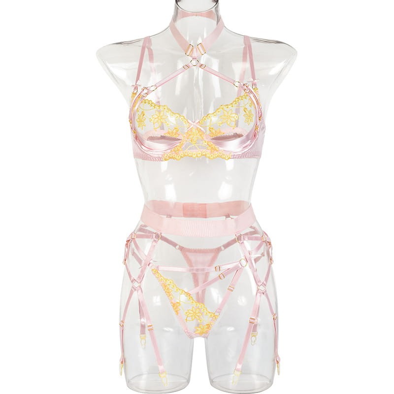 Halter Cutout Satin Panel Garter Belt Set-13