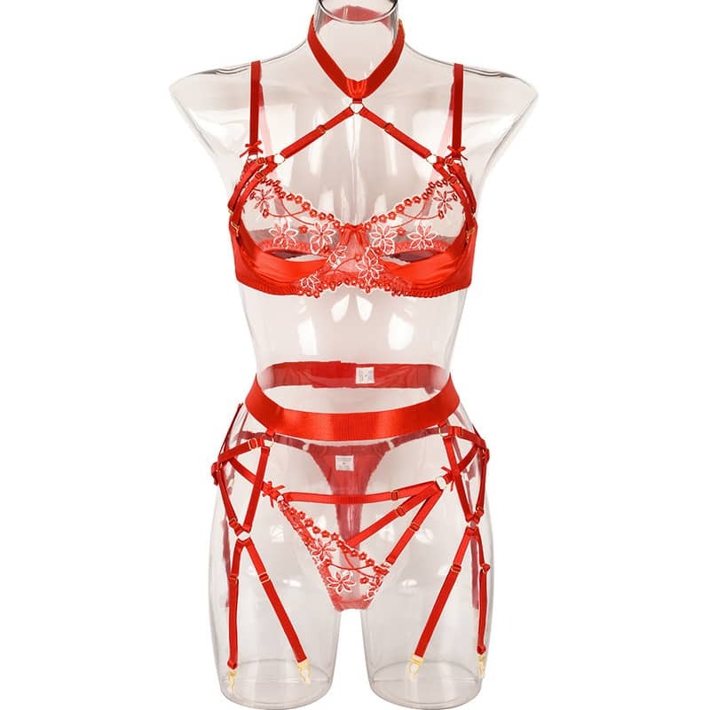 Halter Cutout Satin Panel Garter Belt Set-14
