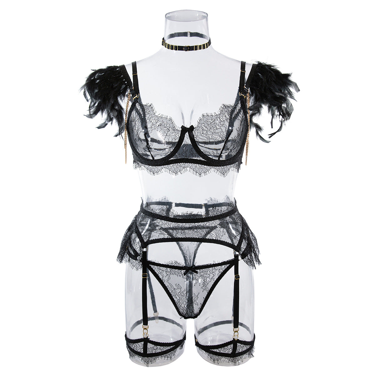 Wholesale Sexy Lace Bra and Panties Set with Feather Details-15