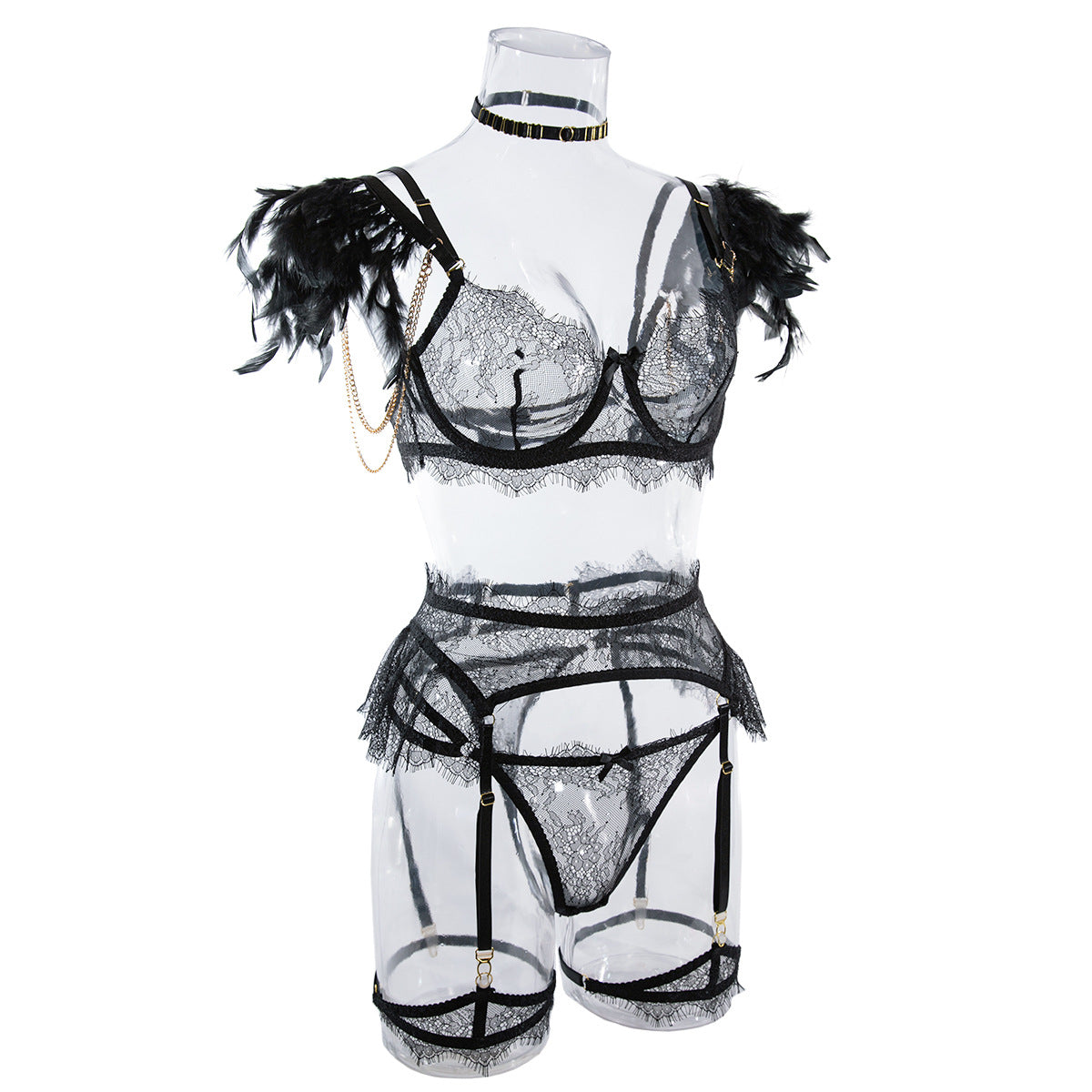 Wholesale Sexy Lace Bra and Panties Set with Feather Details-16