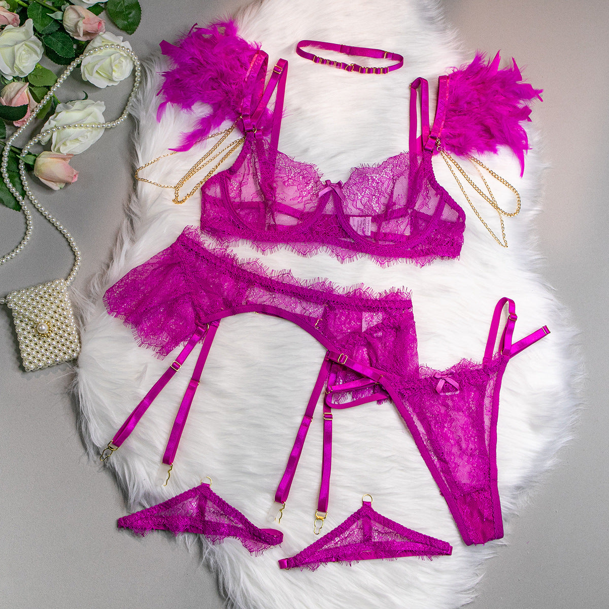 Wholesale Sexy Lace Bra and Panties Set with Feather Details-10