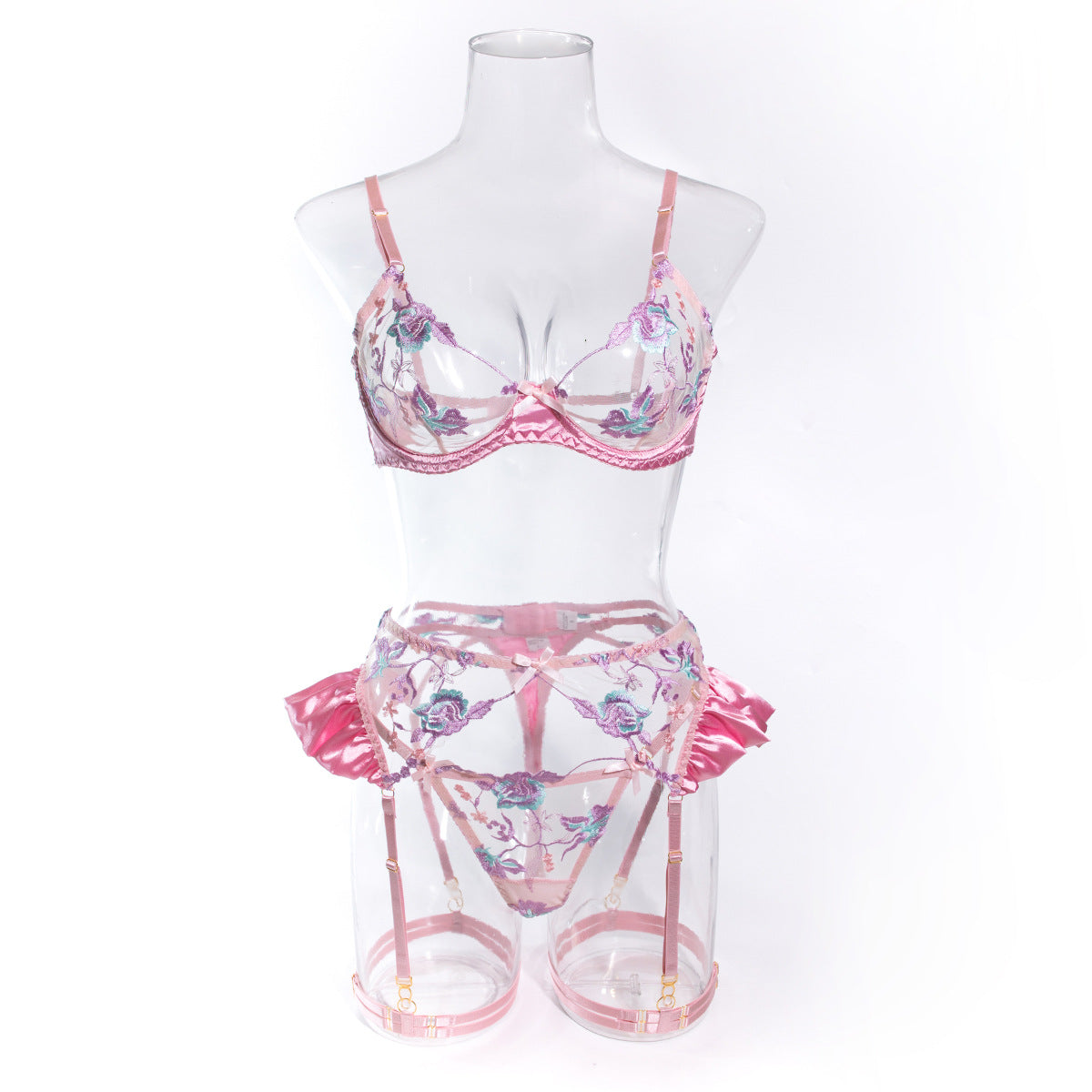 Wholesale Purple and Pink Floral Lace Garter Lingerie Set-13