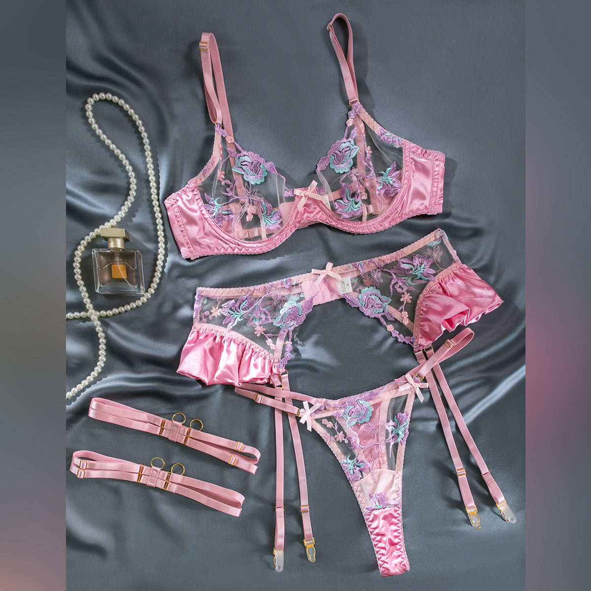 Wholesale Purple and Pink Floral Lace Garter Lingerie Set-16
