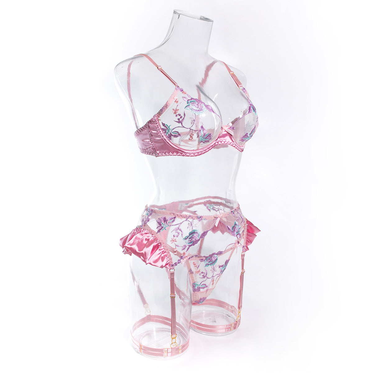 Wholesale Purple and Pink Floral Lace Garter Lingerie Set-14