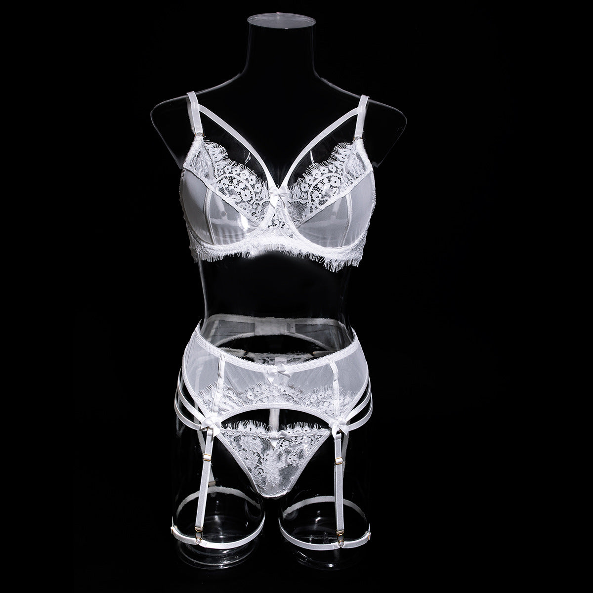 Wholesale Sexy Black Bra Panty Set with Floral Lace Garter-12